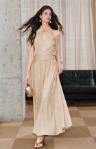 Metallic Stripe Halter Pleated Maxi Dress - Khaki