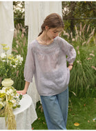 Vintage Linen Lace Square Neck Blouse Women 3/4 Sleeve Bohemian Top