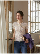 French Retro Textured Floral Knit T-Shirt Women Short Sleeve Lace Trim Neck Top