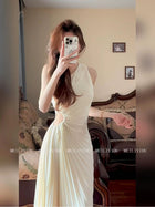 Ivory One-Shoulder Cutout Pleated Maxi Dress - garment detail