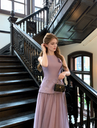 Floral-Applique Sleeveless Tulle Maxi Dress - Lilac