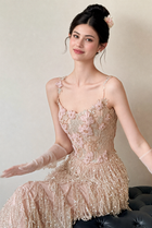 Champagne Fringe Spaghetti-Strap Evening Gown - Champagne