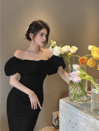 Off-Shoulder Fitted Midi Party Dress - Black