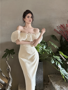 Off-Shoulder Fitted Midi Party Dress - Ivory