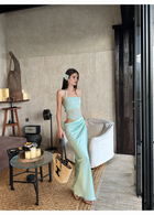 Mint Ruched Mesh Cutout Halter Maxi Dress - Mint