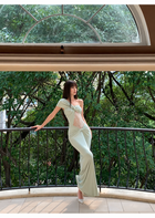 Asymmetric Twist-Front Lace-Panel Maxi Dress — Sage Green — view 2