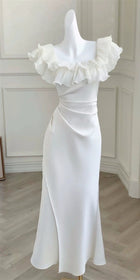 Ivory Ruffle-Neck Satin Mermaid Evening Dress - garment detail