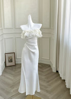 Ivory Ruffle-Neck Satin Mermaid Evening Dress - garment detail