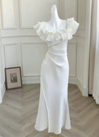 Ivory Ruffle-Neck Satin Mermaid Evening Dress - garment detail