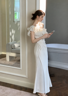Ivory Ruffle-Neck Satin Mermaid Evening Dress - Ivory