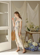 French Style Rose Floral Square Neck Lyocell Midi Dress