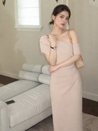 One-Shoulder Ruched Midi Dress - Peach Pink