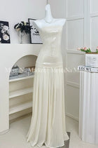 Ivory Sequin-Bodice Pleated Party Maxi Dress - garment detail