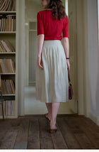 Vintage Plant Embroidered Lyocell Two-Piece Set - V-Neck Puff Sleeve Top & Midi Skirt