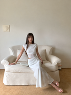 Boat Neck Ruched Cutout Maxi Dress - White