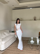 White Mesh-Panel Fitted Evening Maxi Dress - White