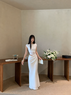 White Mesh-Panel Fitted Evening Maxi Dress - White