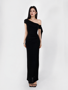 Asymmetric Off-Shoulder Ruched Maxi Dress - Black