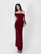 Asymmetric Off-Shoulder Ruched Maxi Dress - Burgundy