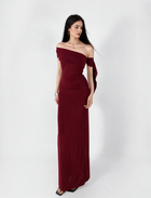 Asymmetric Off-Shoulder Ruched Maxi Dress - Burgundy