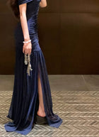 Navy Off-Shoulder Mesh-Skirt Evening Dress - garment detail