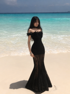 Black Off-Shoulder Lace Mermaid Party Dress - Black