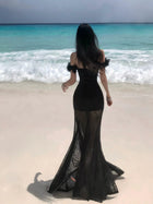 Black Off-Shoulder Lace Mermaid Party Dress - garment detail