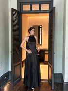 Scarf-Neck Pleated Satin Maxi Dress - Black