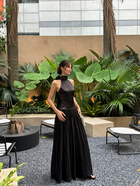 Satin Scarf-Halter Pleated Evening Maxi Dress - Black