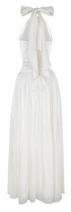 Satin Scarf-Halter Pleated Evening Maxi Dress - garment detail