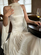 Satin Scarf-Halter Pleated Evening Maxi Dress - garment detail