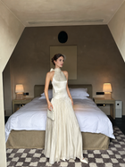 Scarf-Neck Pleated Satin Maxi Dress - Ivory