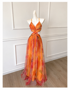 Orange Watercolor Print Strappy Party Maxi Dress - garment detail