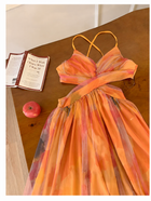 Orange Watercolor Print Strappy Party Maxi Dress - garment detail