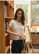 French Style Hollow Knit Short Sleeve Cardigan, Linen-Look Breathable Top, 2 Colors