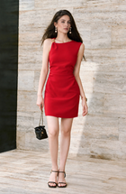 Asymmetric Neck Ring Detail Mini Dress - Red