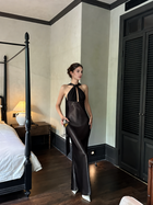 Keyhole Scarf Halter Satin Maxi Dress - Black