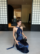 Keyhole Scarf Halter Satin Maxi Dress - Blue