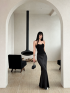 Black Lace Trim Strapless Mermaid Maxi Dress - Black