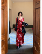 Red Floral V-Neck Long-Sleeve Midi Dress, red floral, additional view