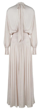 Champagne High-Neck Pleated Evening Maxi Dress - garment detail