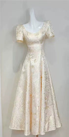 Gold Lace Short-Sleeve A-Line Evening Dress - garment detail