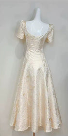 Gold Lace Short-Sleeve A-Line Evening Dress - garment detail