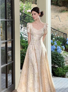 Gold Lace Short-Sleeve A-Line Evening Dress - Gold