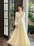 Apricot V-Neck Long-Sleeve Evening Maxi Dress - Apricot