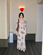 Floral Long-Sleeve Mesh Midi Dress, apricot, front view