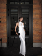 White Keyhole Halter Ruched Satin Maxi Dress - White