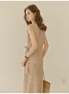 Women's French Tie-Dye Linen Blend Sleeveless Maxi Dress | Belted Waist Tank Dress