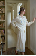 Women's 100% Cotton Embroidered Two-Piece Set | Peter Pan Collar Blouse & Maxi Skirt