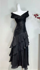 Black Off-Shoulder Ruffle Mermaid Evening Dress - garment detail